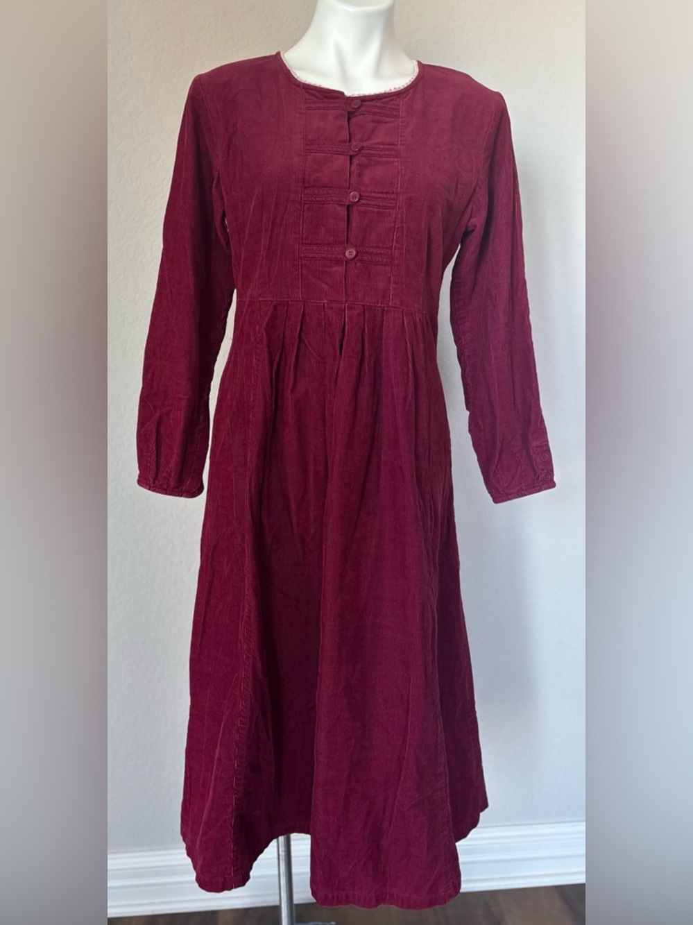 Vintage Fads Burgundy Corduroy Midi Dress Crochet Trim Cottagecore Prairiecore